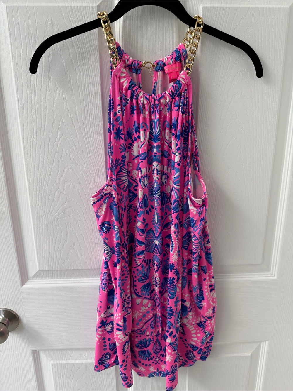 Lily Pulitzer Women’s pink  & Blue Floral Halter top with Gold Chain Straps